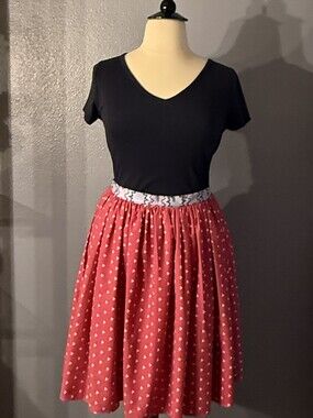 Fox & Shrew Red Patterned Circle Skirt with White Waistband Size 12